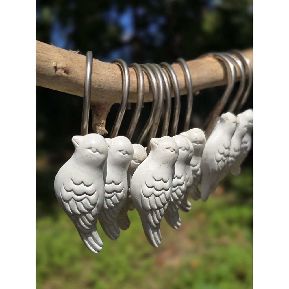 Set of 12 Bird Shower Curtain Hooks - Ivory Cottage Farmhouse Bath Decor Vintage